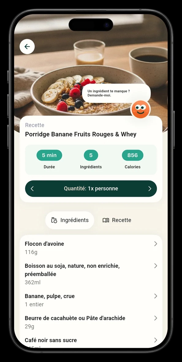 La fiche recette « Porridge Banane Fruits Rouges & Whey » ouverte dans l’application